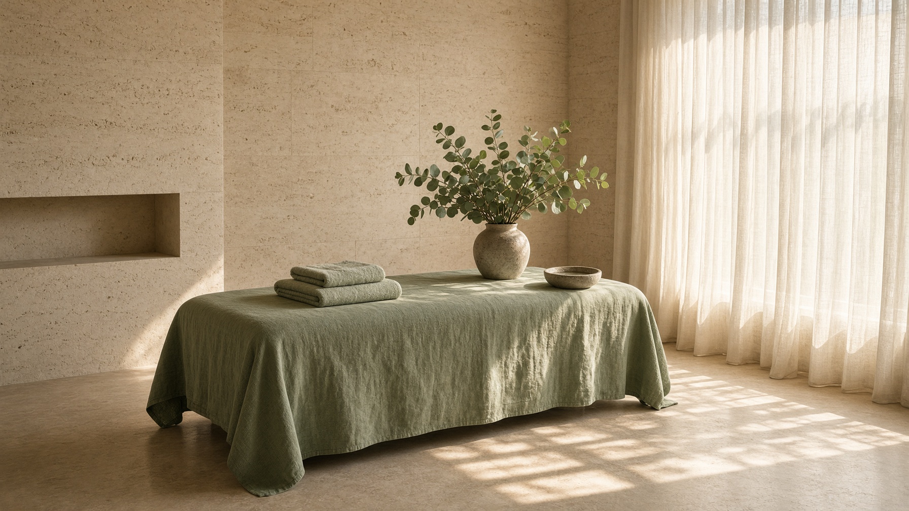 A quiet Angelic Harmony treatment room with sage linen and late-afternoon light