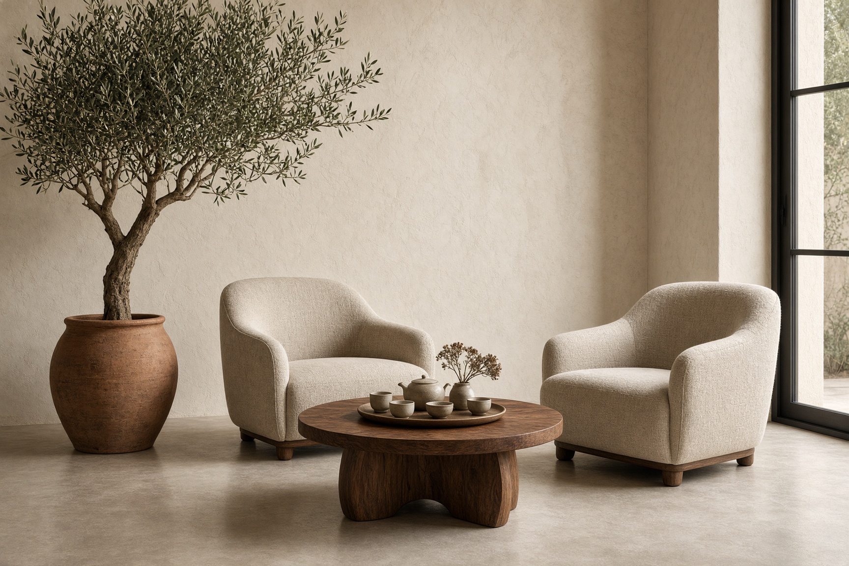 The Angelic Harmony lounge with linen chairs, an olive tree, and afternoon tea